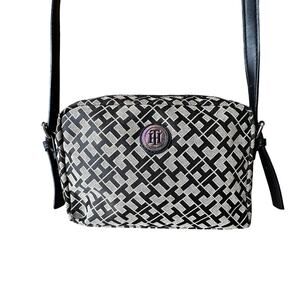 TOMMY HILFIGER Womens Crossbody Monogram Zip Pocket Shoulder Bag Y2K Grey Black